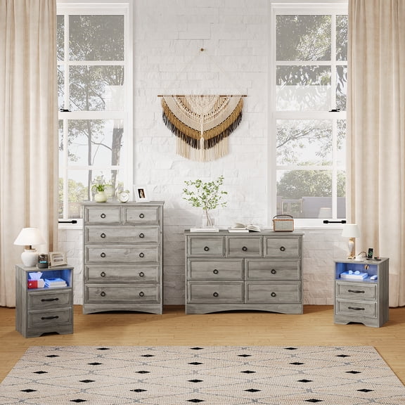 Holliwill Dresser Nightstands Set, 4 Pieces Bedroom Furniture Set, Wide 7 Drawer Dresser, Tall 6 Drawer Dresser and 2 Drawer Nightstand with LED & Outlets, Grey