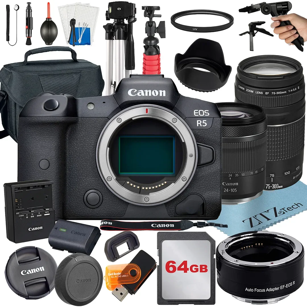 Canon EOS R5 Mirrorless Camera with RF 24-105mm STM + 75-300mm Lens + Mount Adapter + 64GB Card + ZeeTech Accessory (International Version)