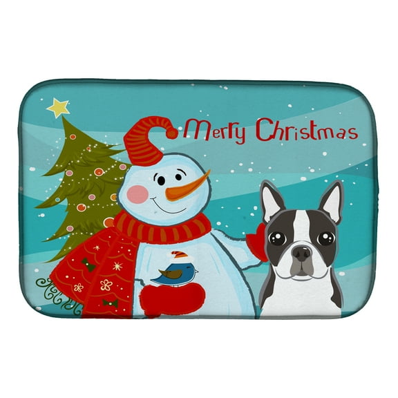 Snowman with Boston Terrier Dish Drying Mat