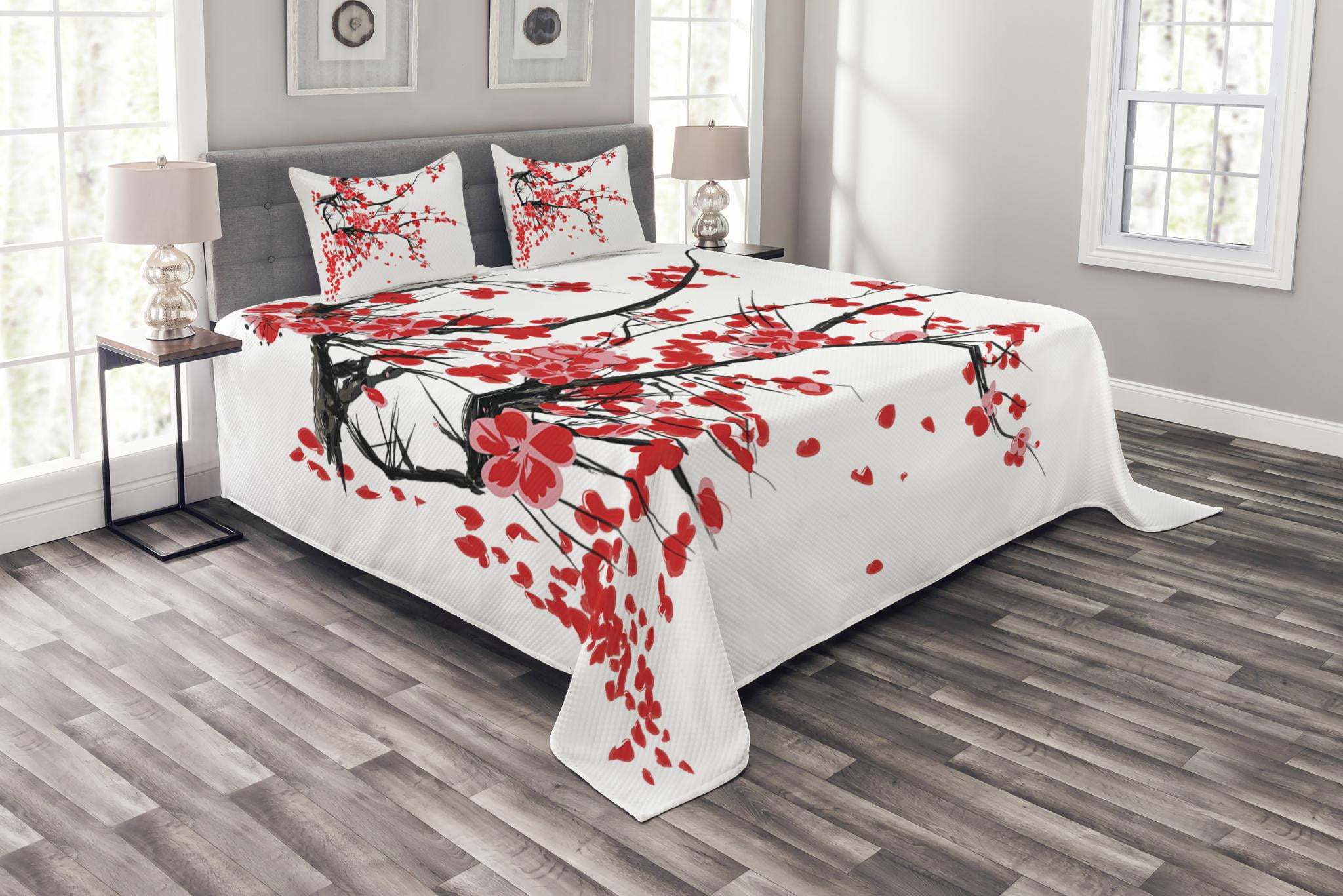 Floral Bedspread Set, Japanese Cherry Blossom Sakura Blooms Branch