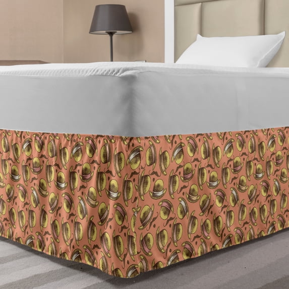 Sketch Bed Skirt, Hats and Mustaches in Vintage Style Drawn by Hand Retro Masculine Themed, Elastic Bedskirt Dust Ruffle Wrap Around for Bedding Decor, 4 Sizes, Salmon and Multicolor, by Ambesonne