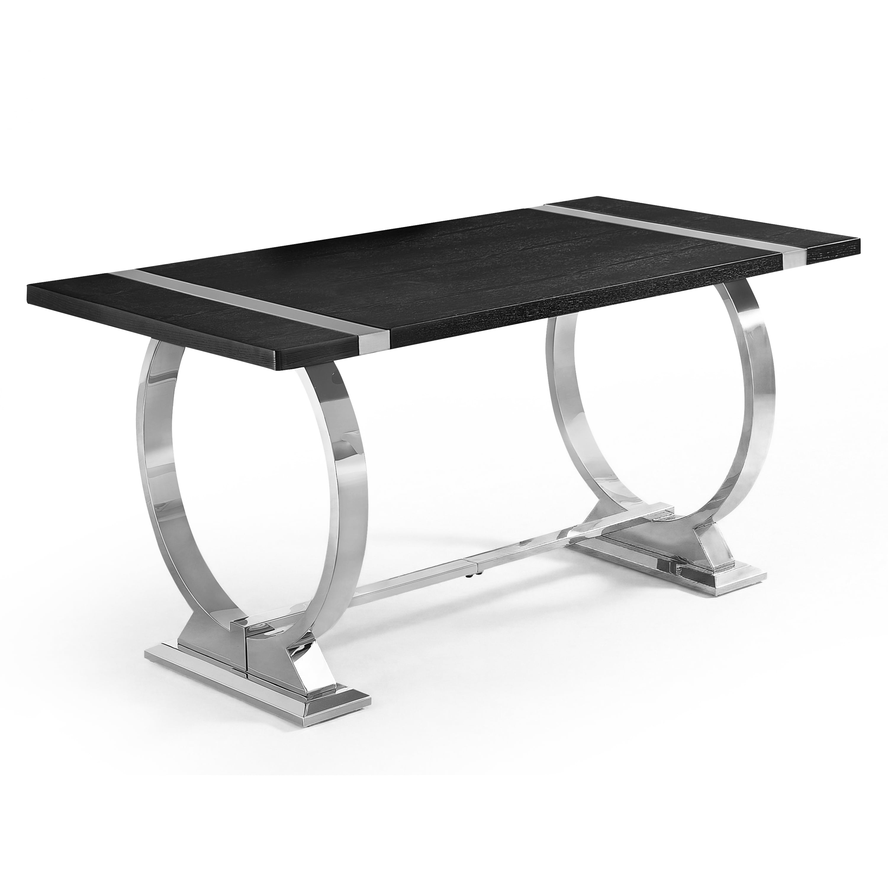 Furniture of America Gaius Glam Wood 60" Rectangle Dining Table with O-Shaped Stainless Steel Trestle Base, Black and Silver