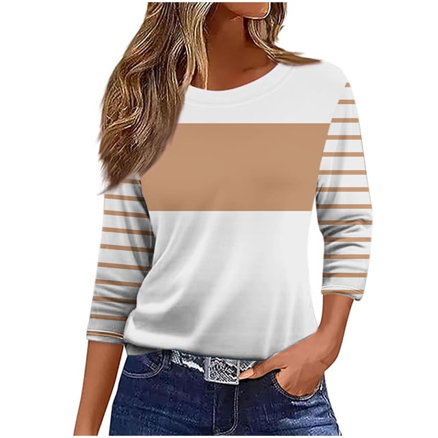 aidice T-Shirts pour Femmes Décontractés à Col Rond Manches 3/4 Hauts Ajustés Confortables Chemises à Rayures à Blocs de Couleur