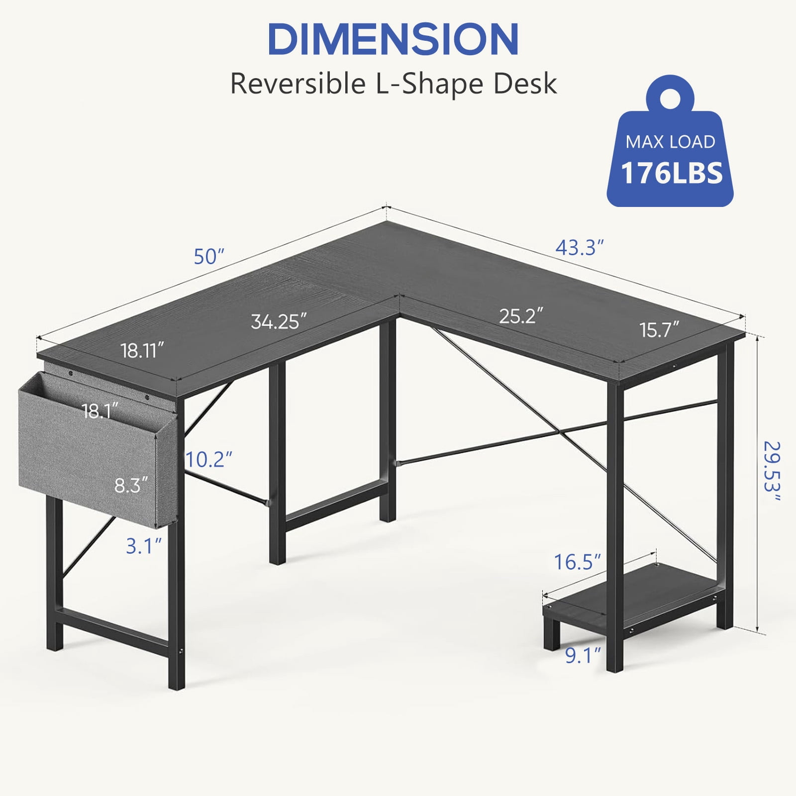 L Shaped Desk, 50 inch Reversible Corner Computer Desk with Storage Shelf & Side Bag, Home Office Working Workstation Gaming Table, Black