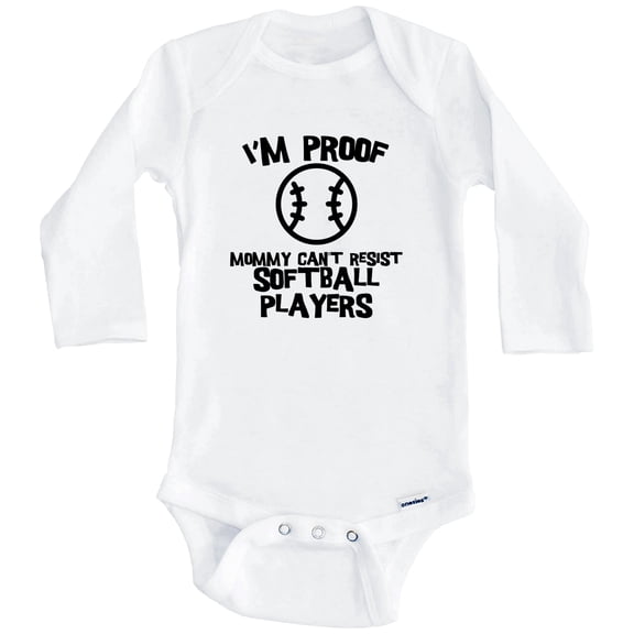 I'm Proof Mommy Can't Resist Softball Players Funny Softball One Piece Baby Bodysuit (Long Sleeve), 0-3 Months White