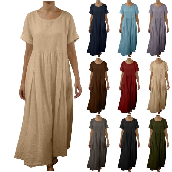 Horkkom Linen Dress Women Summer Short Sleeve Maxi Dress Casual Loose Flowy Pleated Dresses Crew Neck Solid Color Long Dresses L