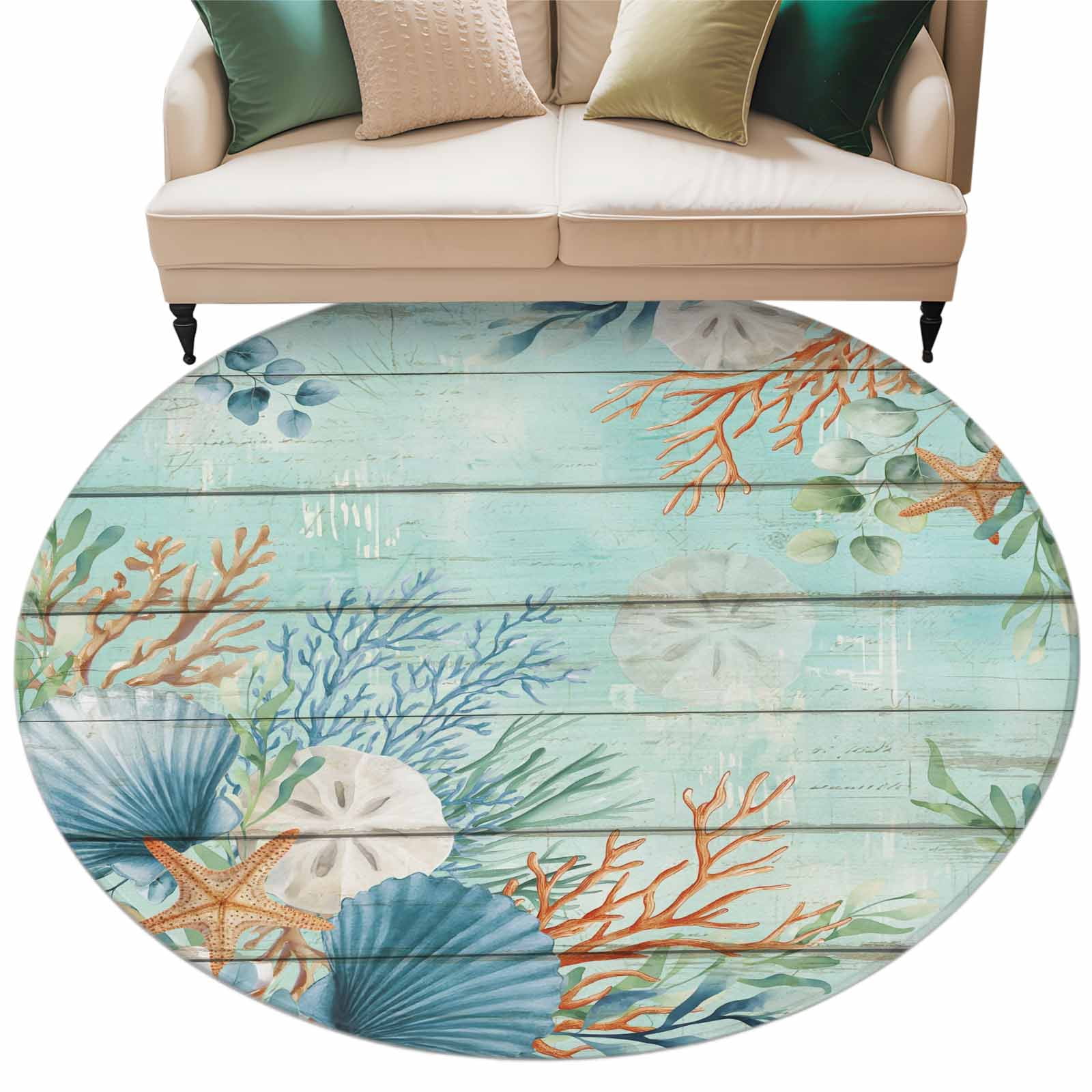 Round Area Rugs Collection 6 Ft, Teal Beach Coastal Non-Slip Residential Carpet, Summer Nautical Coral Shell Botanical Vintage Indoor Crawling Mats Runner Rugs for Living Room/Dining Room/Bedroom