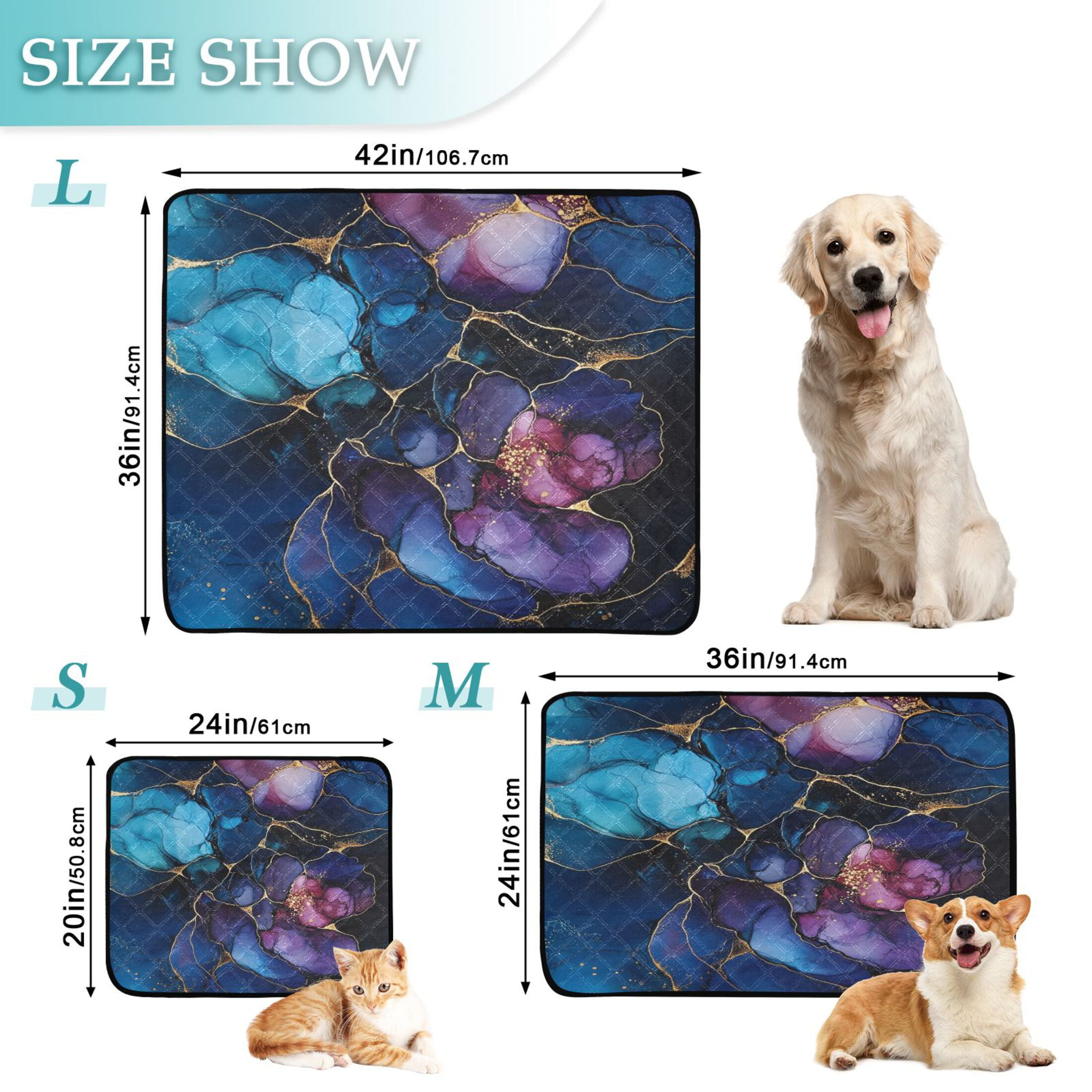 Qxltty Gilt Blue Marbles Cat litter Pads Pet Set of 2 Diaper Mats Center Anti-leakage Layer Absorbent Soft and Comfortable