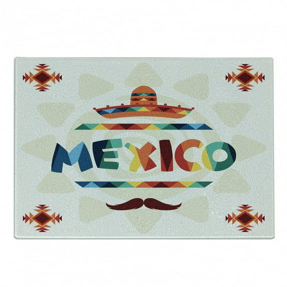 Mexican Cutting Board, Mexico Traditional Aztec Motifs and Sombrero Straw Hat and Moustache Graphic Print, Decorative Tempered Glass Cutting and Serving Board, Small Size, Multicolor, by Ambesonne