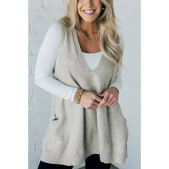 Autumn Winter Women's Solid Color V-Neck Sleeveless Knit Vest with Pocket - Cable Knit Tank Top Pullover