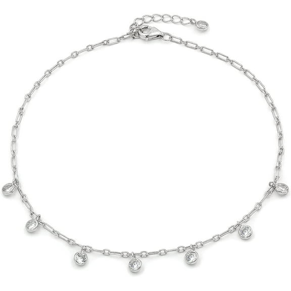 .925 Sterling Silver Round CZ Charm Anklet, Paper Clip Ankle Bracelet, Giorgio Bergamo Silver