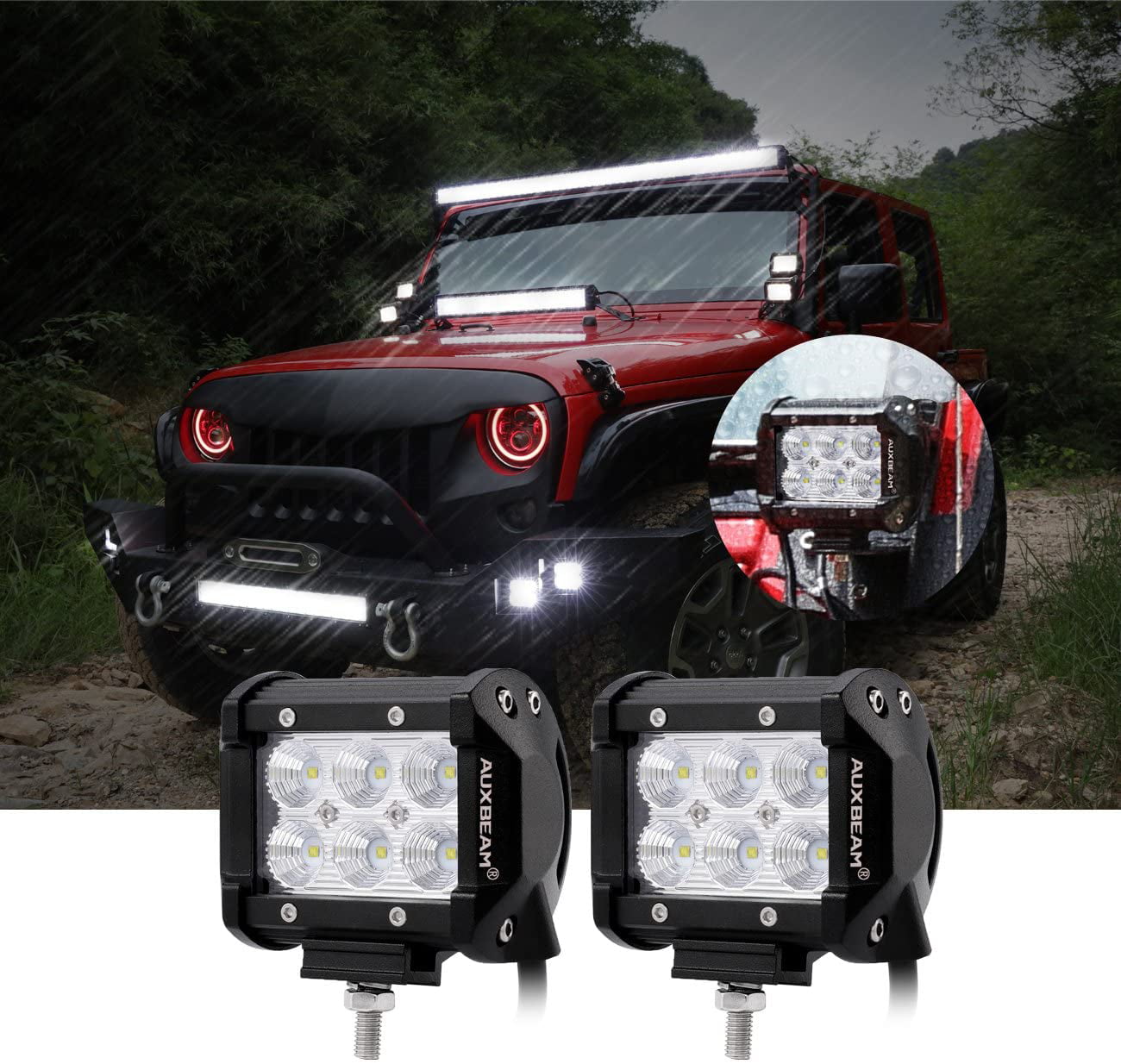 Auxbeam 4 LED Pods 18W LED Light Bar Flood Beam LED Off Road Driving Lights with Wiring Harness for SUV ATV UTV Trucks Pickup Jeep Lamp Pack of 2