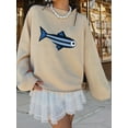 thumbnail image 4 of Women Crew Neck Rib Knit Fish Graphic Oversized Y2k Pullover Sweater Jumper Apricot Color M, 4 of 8