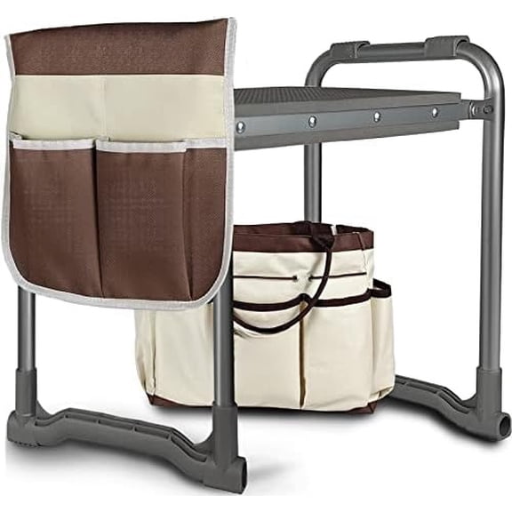 Foldable Garden Kneeler Seat Heavy Duty [Upgraded Widened Thick Kneeling Pad] Garden Stool with Large Garden Tool Bags with Pockets - Portable Garden Bench Gardening Gifts for Parents K3-Brown