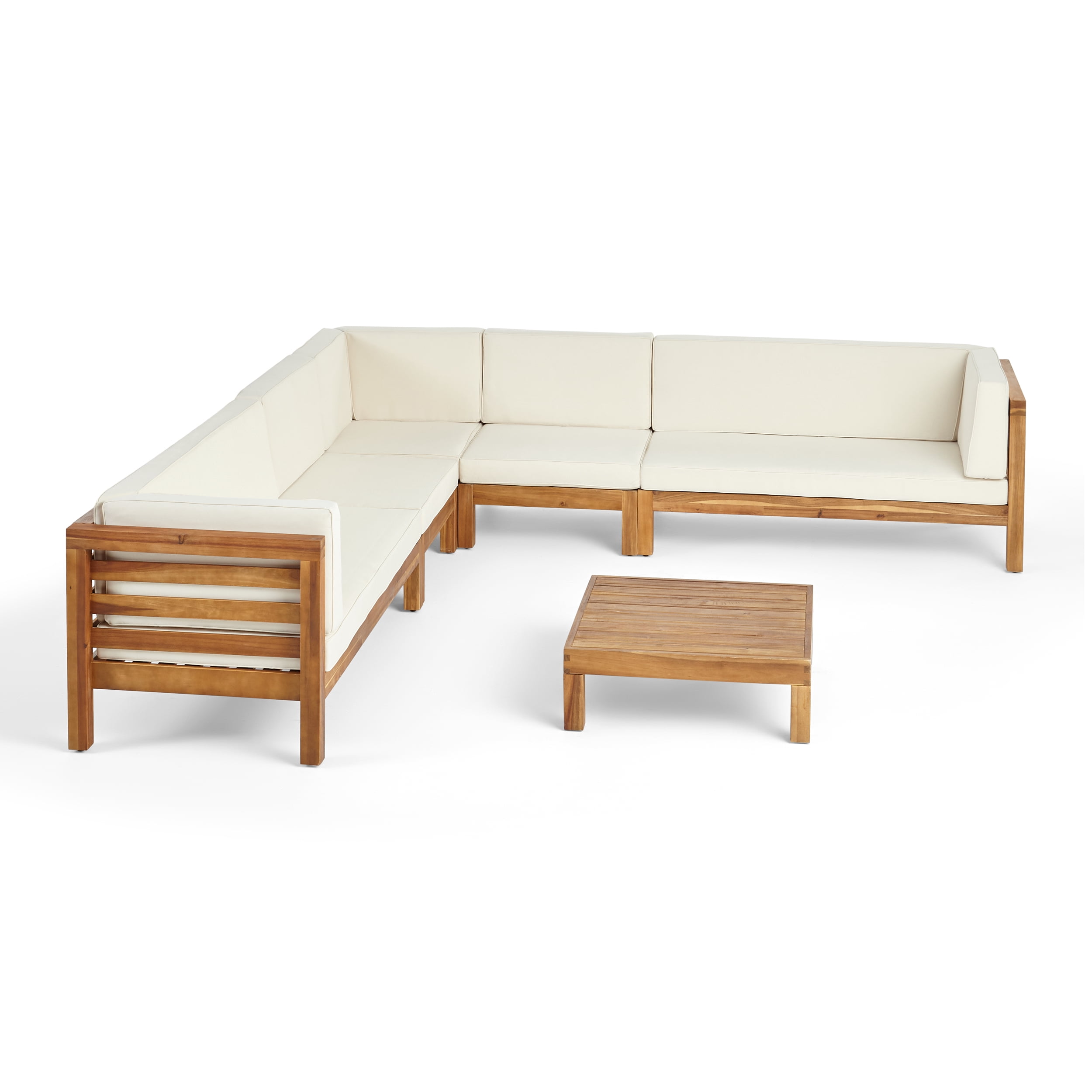 Frankie Outdoor 7 Seater Acacia Wood Sectional Sofa Set, Teak and Beige