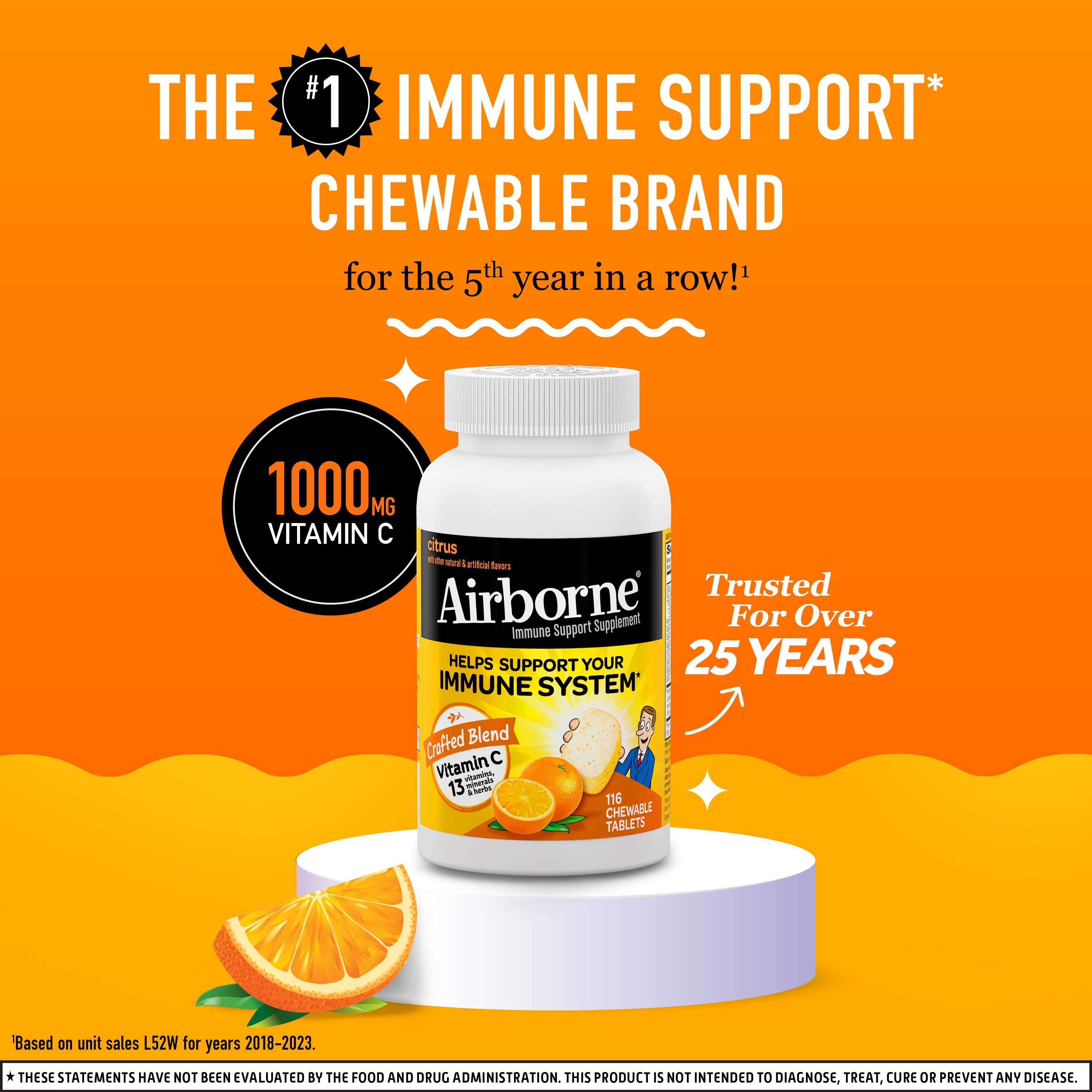 Airborne Citrus Chewable Tablets, 116 count - 1000mg of Vitamin C - Immune Support Supplement