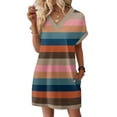 thumbnail image 2 of Women's Striped Print V-Neck Short Sleeve Casual Dress with Pocket, Pullover Summer Dress, Comfortable Loose Fit, Fashionable Ladies Daily Wear,Coffee,3XL, 2 of 7