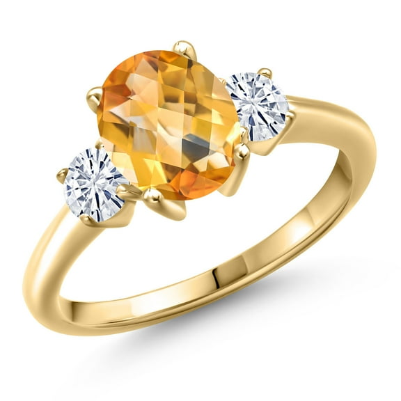 Gem Stone King 10K Yellow Gold Yellow Citrine and White Moissanite Engagement Ring for Women | 2.11 Cttw | Oval Checkerboard 9X7MM | Gemstone November Birthstone | Size 8