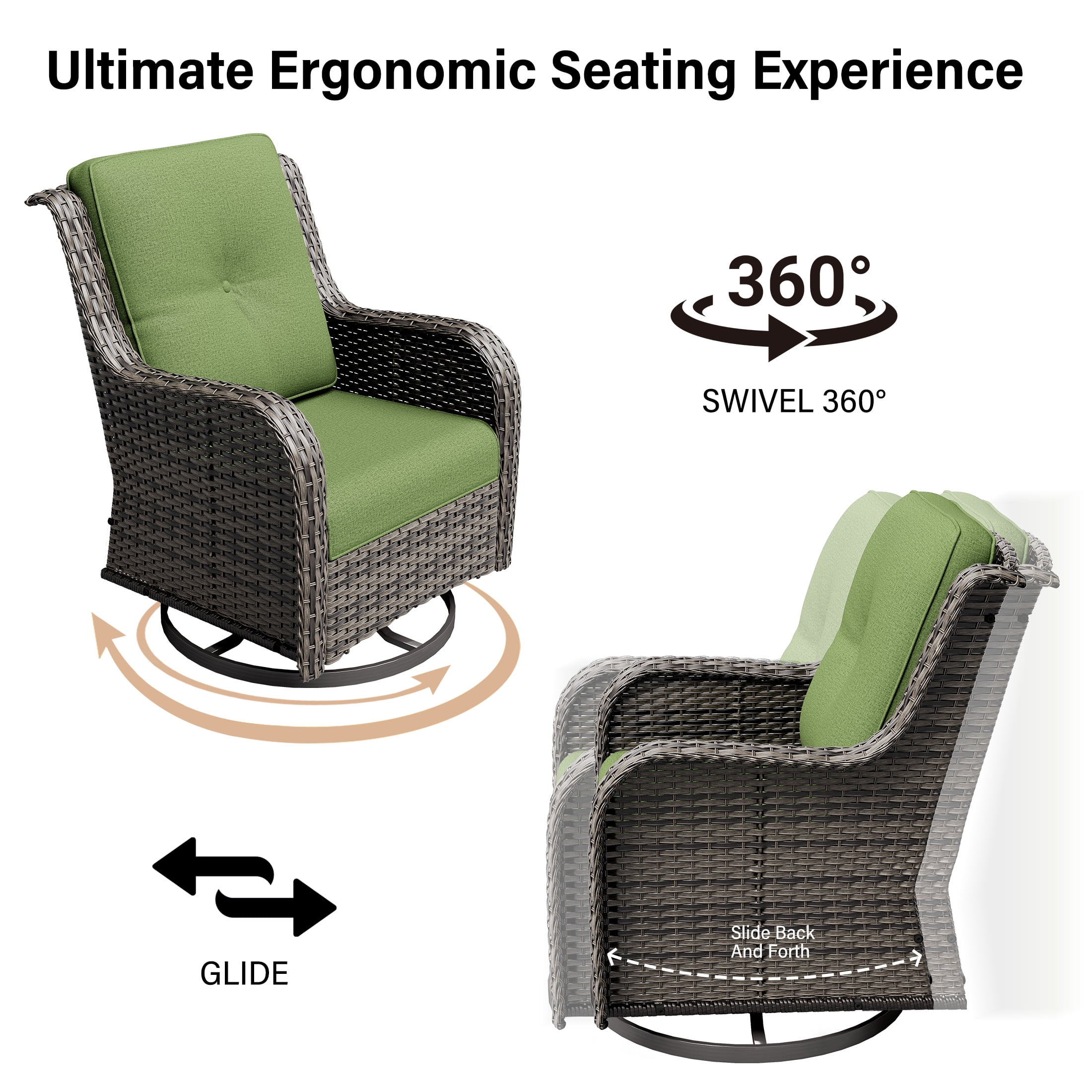MeetLeisure 3 Piece Wicker Patio Furniture Set with Side Table, Outdoor Swivel Rocker Chairs with High Back, Deep Seating, Wide Armrest, Thick Cushions for Deck Porch, Green