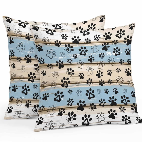 Waterproof Throw Pillow Covers Set of 2, 16x16 Inch Blue Beige Paw Print Decorative Pillowcases Outdoor Pillow Slip Cushion Covers Set for Couch Tent Vintage Farmhouse Rustic Wooden Grain
