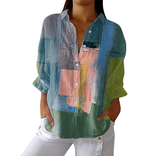 Chemises pour Femmes Femmes Liquidation Chemises pour Femmes Chemise Rétro Artistique à Imprimé Floral Chemise à Imprimé Artistique Chemise Décontractée à Col en V