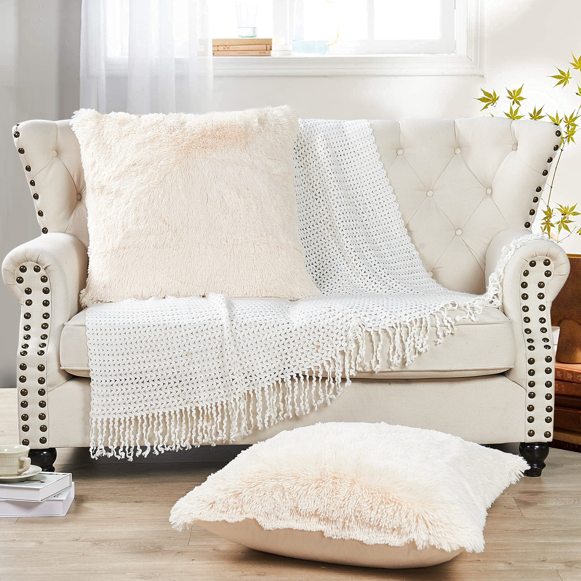 Home Soft Things Luxury Shaggy Faux Fur Throw Pillow Cases, Ultra Soft Plush Pillow Covers Fluffy Decorative Cushion Covers, No Pillow Insert, Set of 2, Ivory, 26x26 Inch