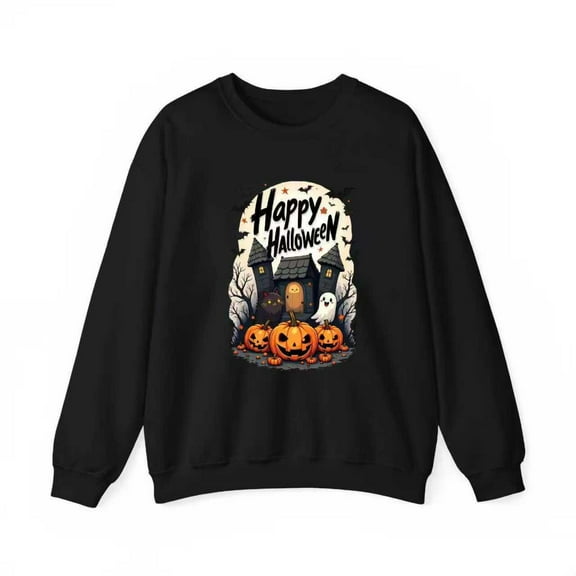 Happy Halloween Haunted House Pumpkins Design Playful Round-neck long-sleeved Top Seasonal Trendy Black S-3XL