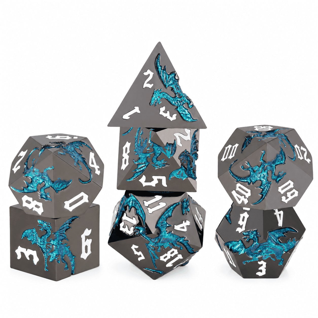 DND Dice Set 7Pcs Polyhedral Metal Dice Gunmetal Teal Dragon RPG Dice with White Numbers for Dungeons and Dragons Games