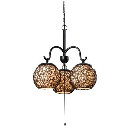 Kenroy Home Mediterranean-Inspired Outdoor 3 Light Chandelier, 21 Inch Diameter, Oil Rubbed Bronze Finish, Cream Acrylic Inner Shades with Rattan Entwined Outer Shades, Woven On/Off Pull Chain Switch