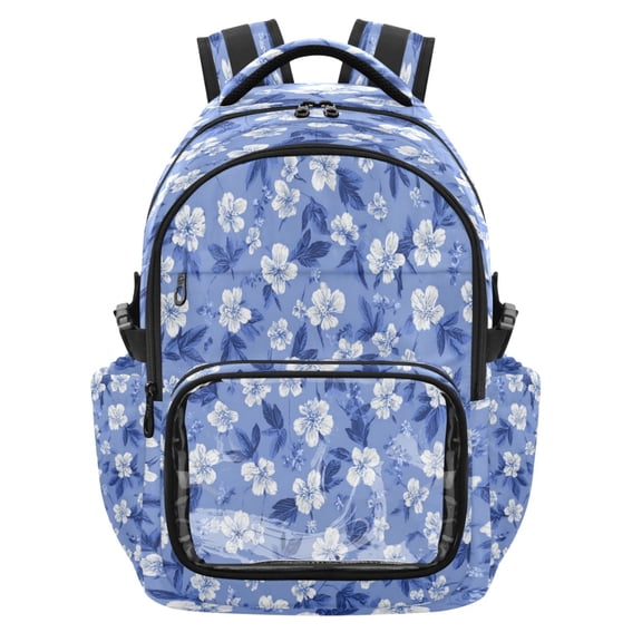 Qxltty Chic Blue White Flower Backpack School Bookbag with Clear PVC Front Pocket, Laptop Compartment, Water Resistant Travel Daypack for Students