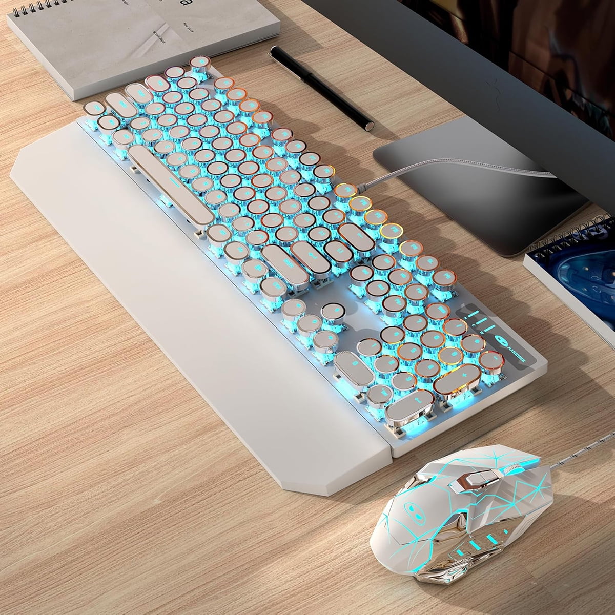 Typewriter Mechanical Gaming Keyboard and Mouse Combo, Retro Punk Round Keycaps RGB Rainbow Backlit Wired Keyboard for Game and Office