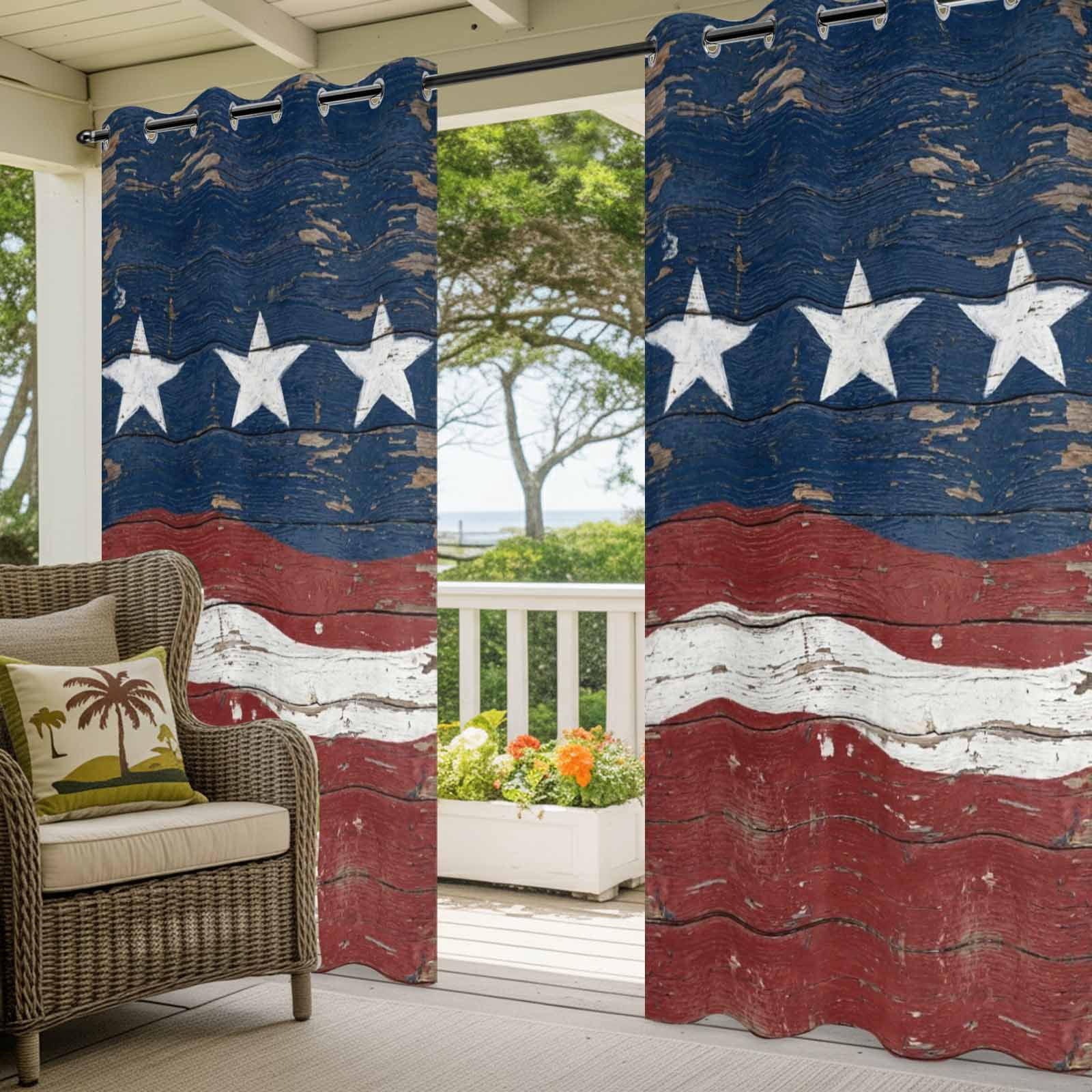 Independence Day Outdoor Curtains for Patio, Vintage American Flag Retro Blue Red Wave Wood Grain Sunshade Privacy Drapes Grommet Waterproof Outside Curtains for Porch Balcony 54"x108", 1 Panel