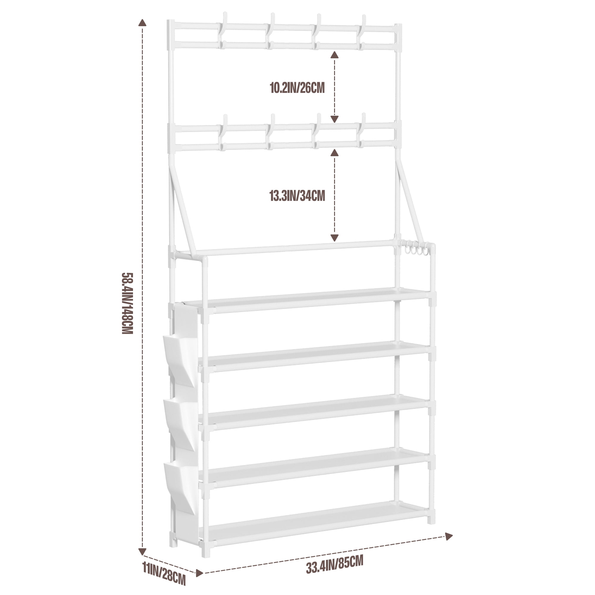 5 Tier Shoe Rack Storage 20-25 Pairs Sturdy Metal Shoes Rack Organizer with Multifunctional Hooks and Side Pocket for Closet Entrance Space Saving Large Capacity