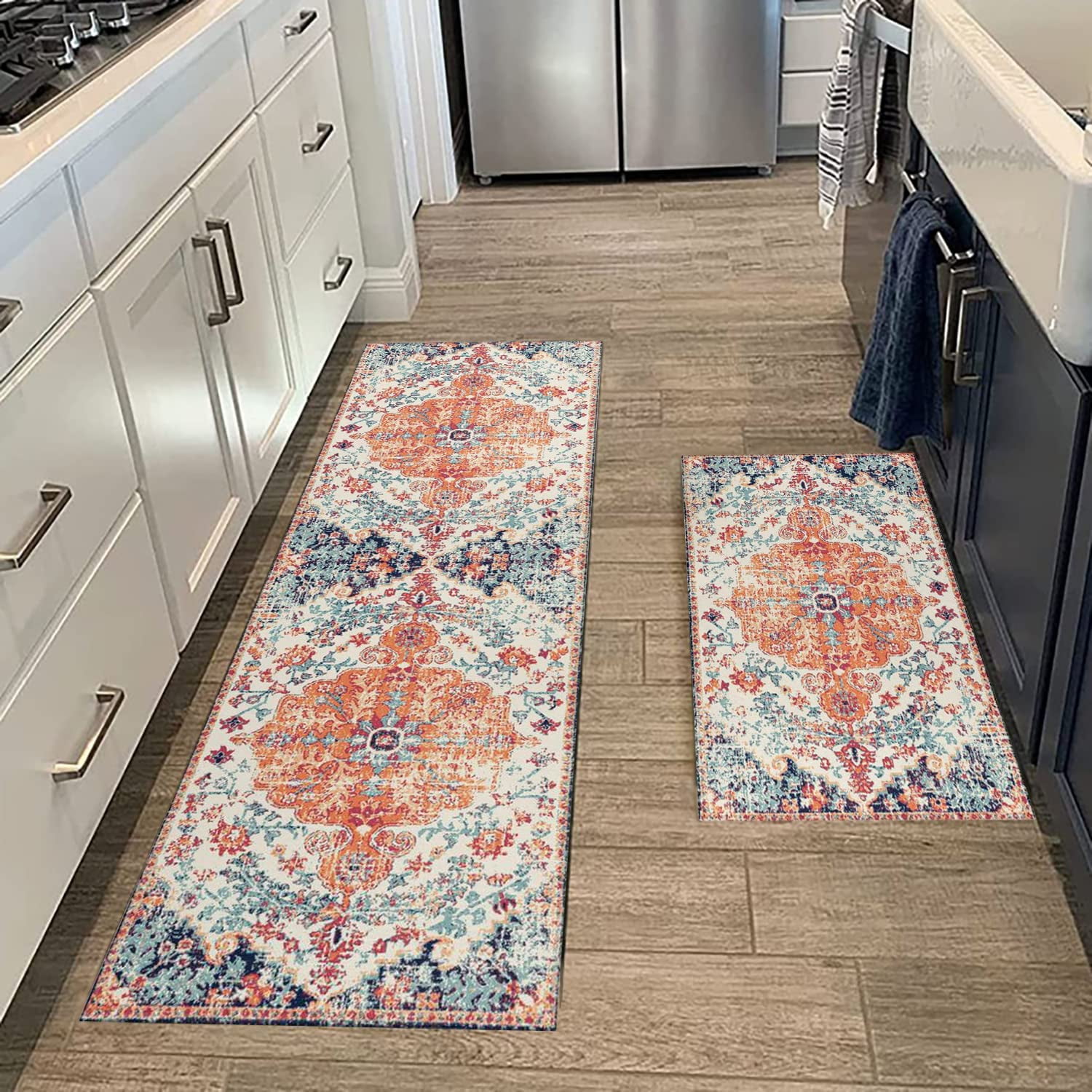 LUFEIJIASHI Kitchen Rugs and Mats Non Skid Washable Set of 2 PCS Absorbent  Kitchen Runner Rugs Farmhouse Kitchen Floor Mats for in Front of Sink