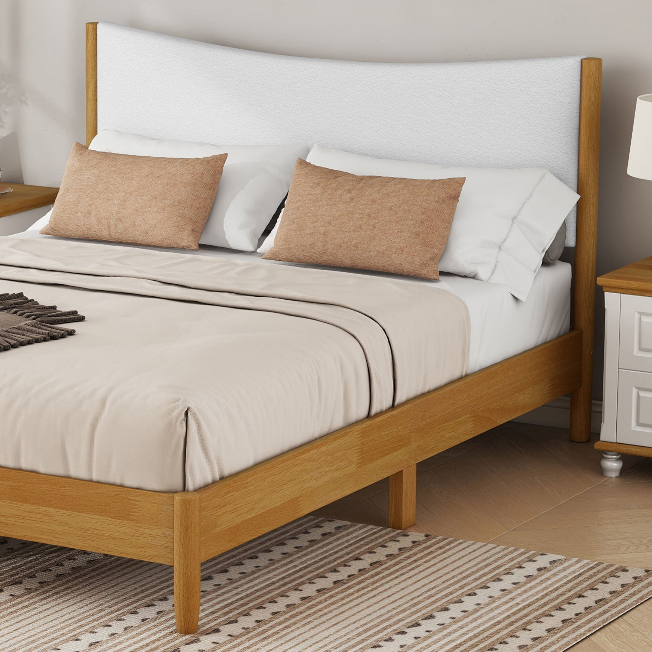 Aukfa Queen Size Bed Frame, Rubber Wooden Platform Bed with Teddy Upholstered Headboard, Oak