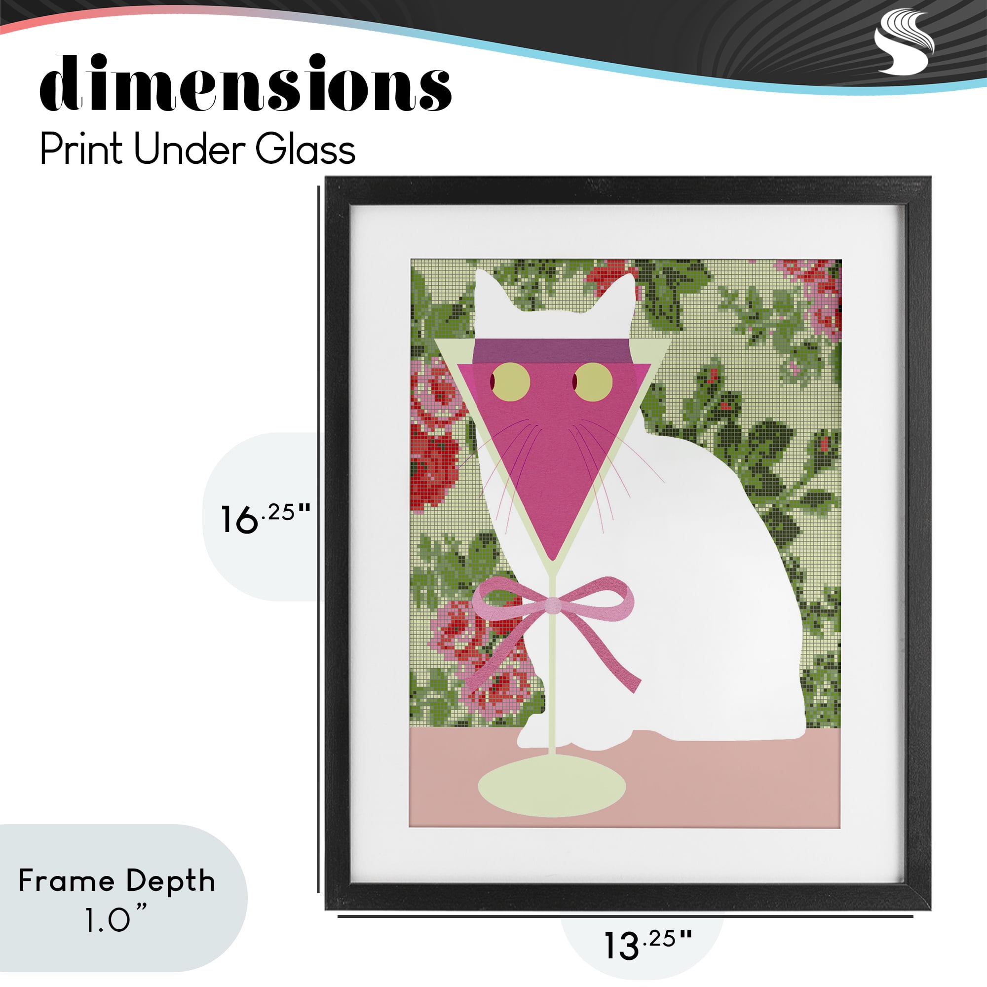 Stupell Industries White Cat with Pink Martini Black Framed Print Under Glass, design by Lil' Rue