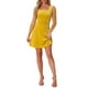 thumbnail image 2 of Vestido de terciopelo para mujer Inspire Chic con escote cuadrado, mangas de malla abullonadas, estampado de estrellas, vestido de fiesta y graduación, amarillo, talla L, 2 of 6