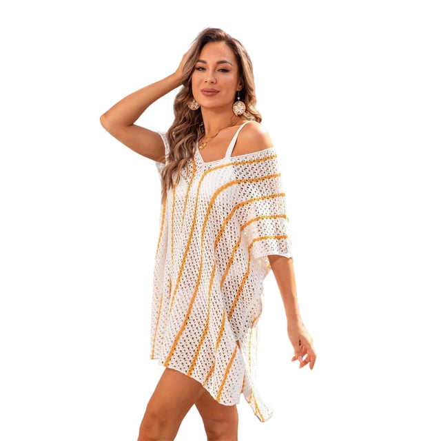 Tignapoo 2024 Summer Openwork Knit Beach Cover-Up Dress with Color Block Design, Loose Fit Bikini Sheer Tunic for Women, White