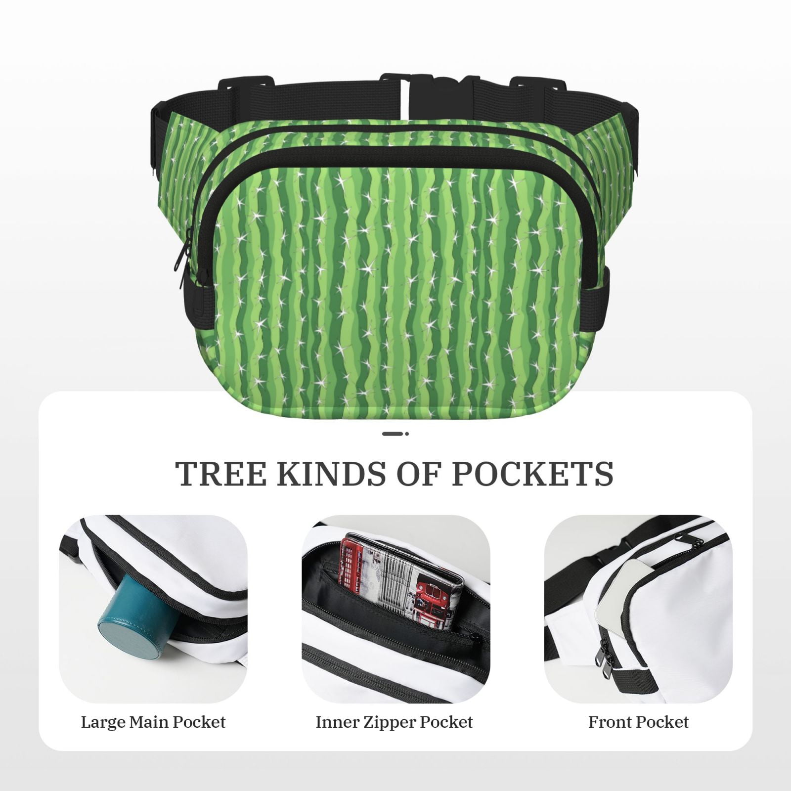 Picia Cactus Print Square Double-Layer Waist Bag Mini Adjustable Waist Belt Bag Exercise Running Travel Hiking