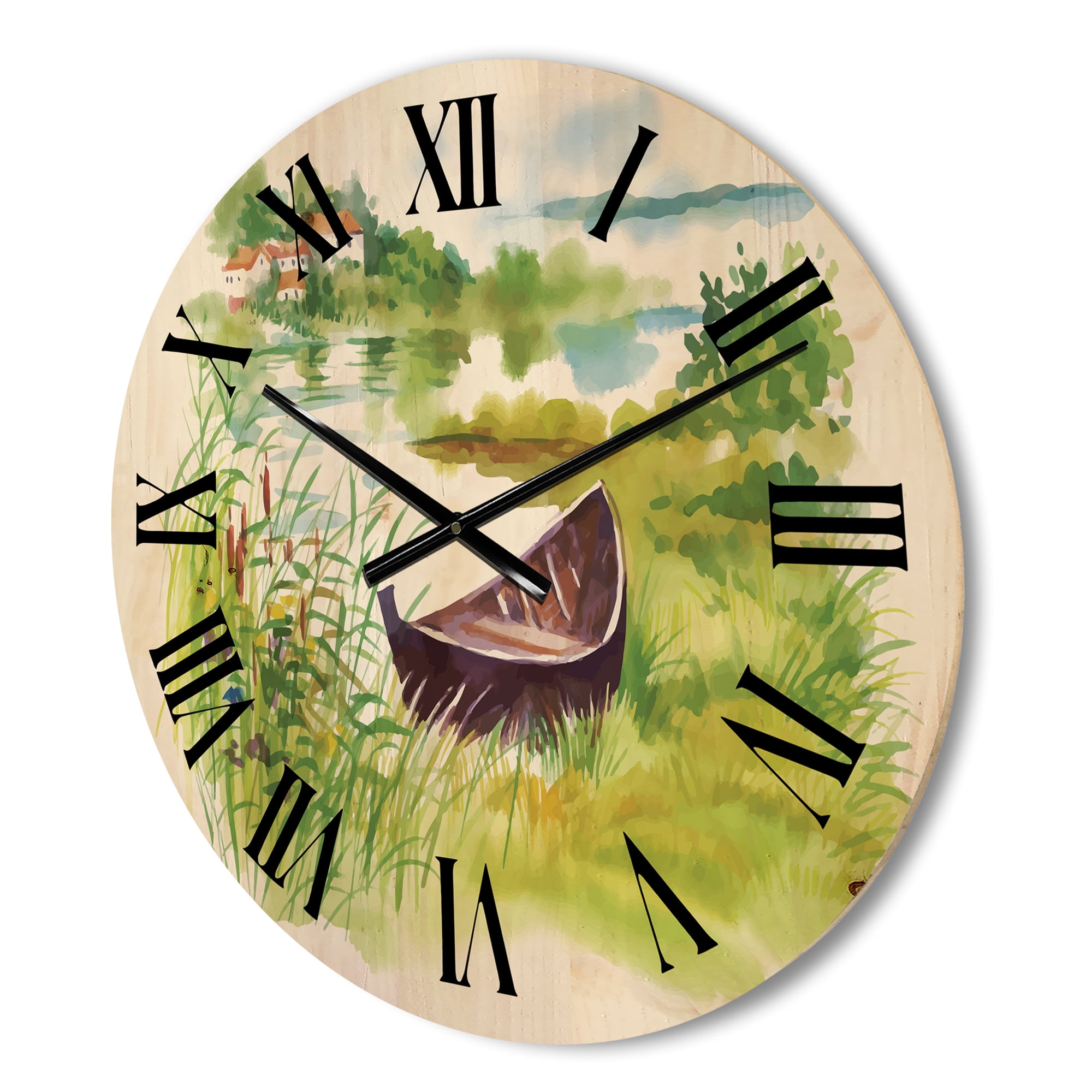 Designart 'Rural Green Landscape With Boat In Lake' Lake House Wood Wall Clock