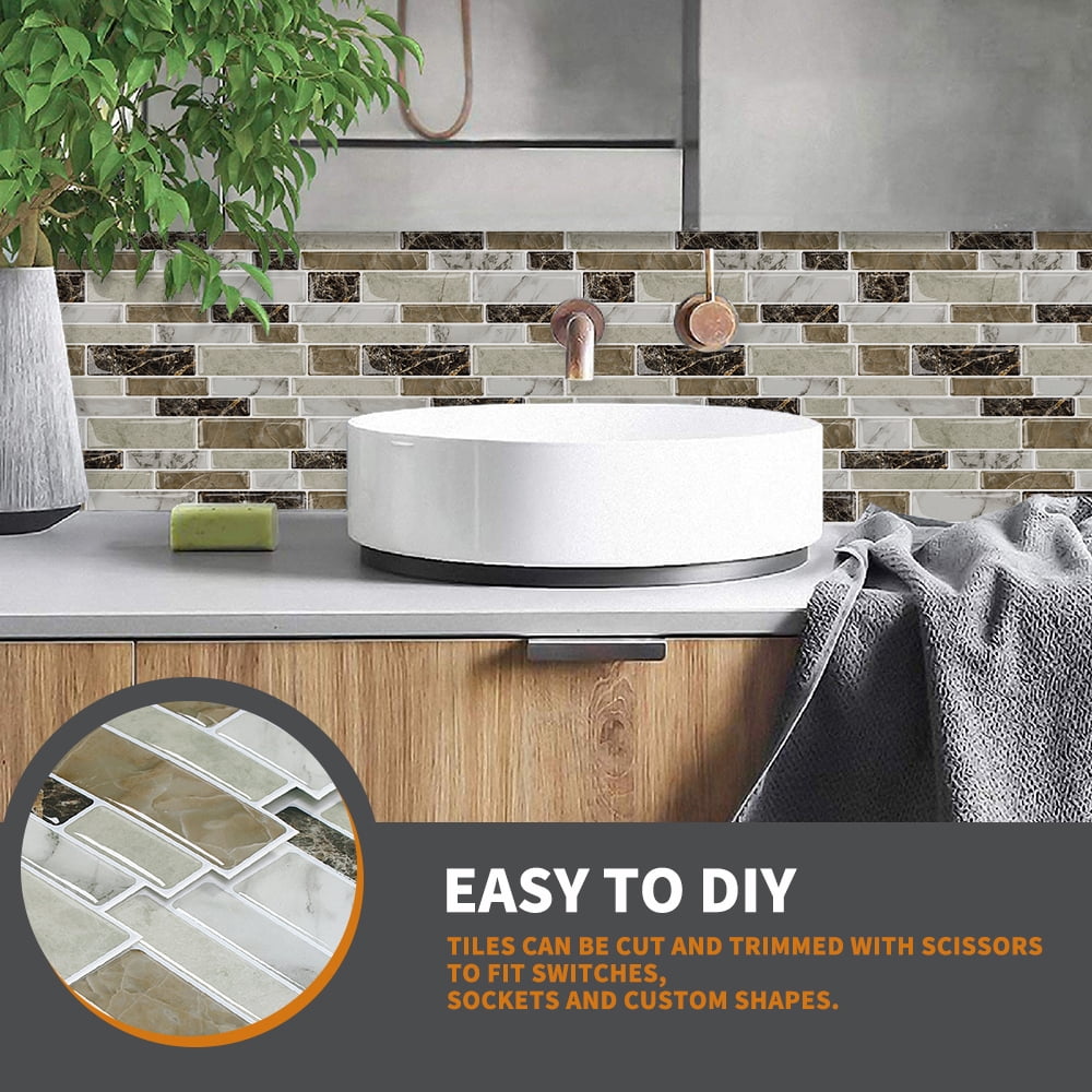 MOONFUN 10-Sheet Peel and Stick Kitchen Backsplash Tiles, 3D Waterproof Self Adhesive Wall Tile Stick on Backsplash for Kitchen and Bathroom(Brown Marble,12"×12")