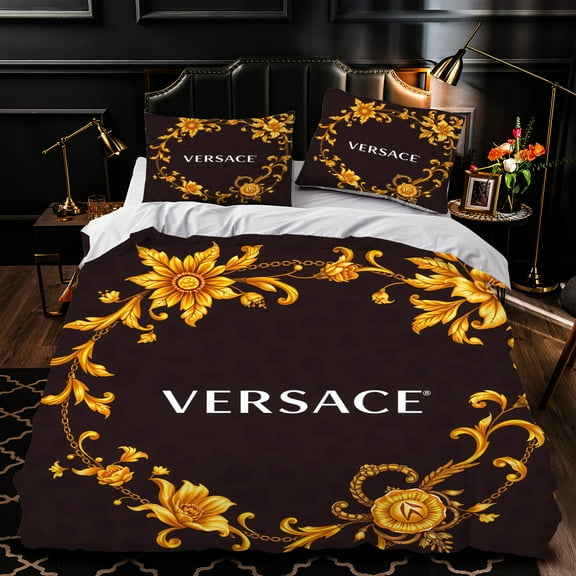 Luxurious 3-Piece Duvet Cover Set - Dark Brown with Intricate Gold Floral Patternsx