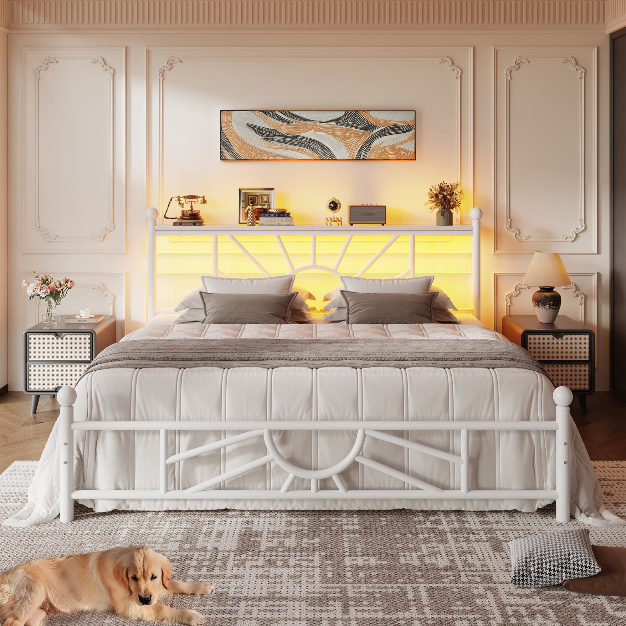 Queen Metal Bed Frame with LED Light,Headboard & Footboard,Under Bed Storage,Noise-Free Design,Easy Assembly,No Box Spring Needed, White