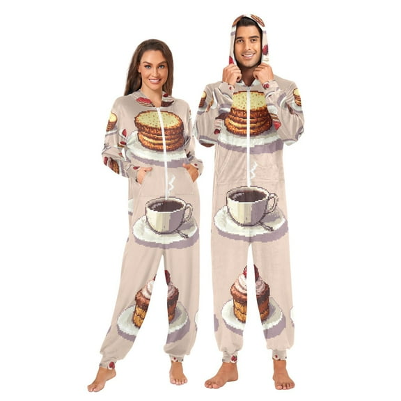 Pixel Cakes and Strawberry Adult Onesie Pajamas Slim Fit Christmas One Piece Suit Pjs for Women and Men Hooded Zipper