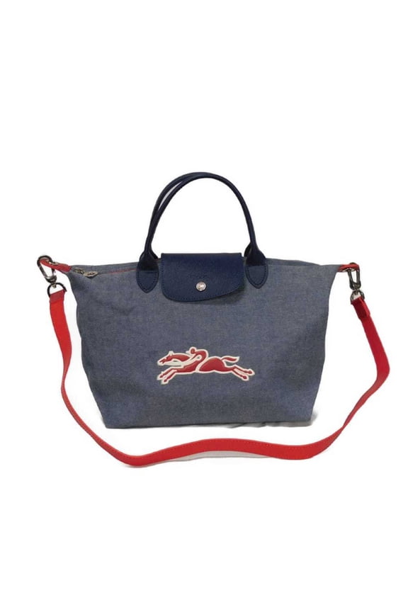 Pre-Owned Longchamp Le Pliage On the Road handbag with logo embossing, denim, and a 2-way...