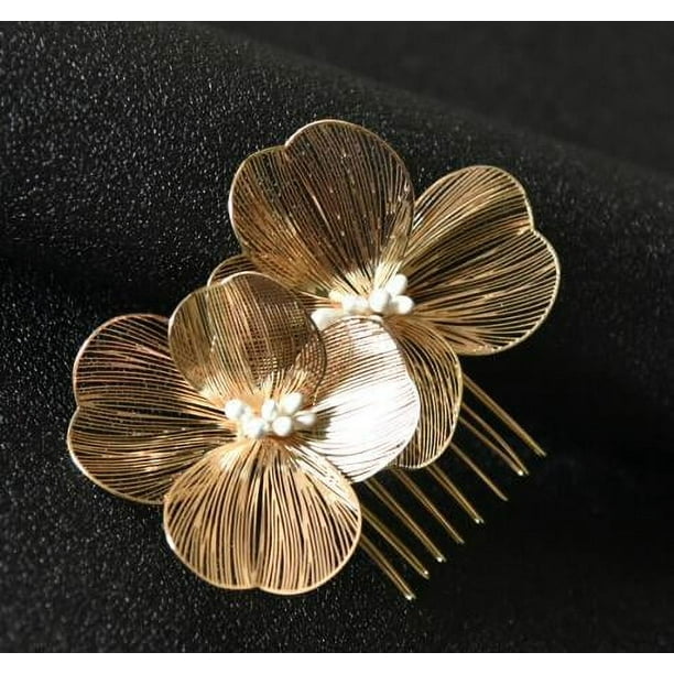 Nvzi Horquillas para el pelo de boda con flores para novias, peinetas con perlas de cristal, pinzas para el pelo, tocado, accesorios para el pelo de boda dorados, joyas - doradas