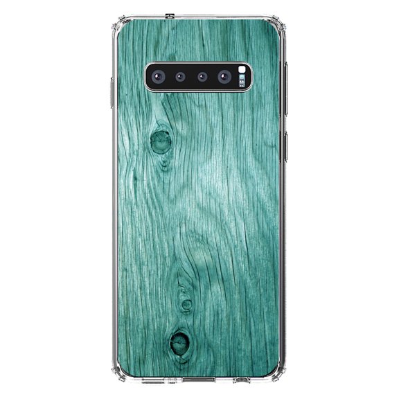 DistinctInk Clear Shockproof Hybrid Case for Samsung Galaxy S10 (6.1" Screen) - TPU Bumper, Acrylic Back, Tempered Glass Screen Protector - Teal Weathered Wood Grain Print - Printed Wood Grain Image