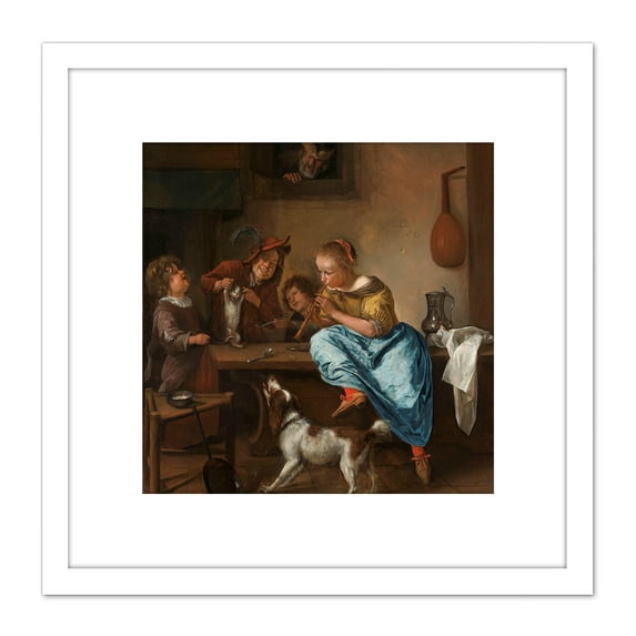 Steen Children Teaching A Cat The Dancing Lesson 8X8 Inch Square Wooden Framed Wall Art Print Picture with Mount