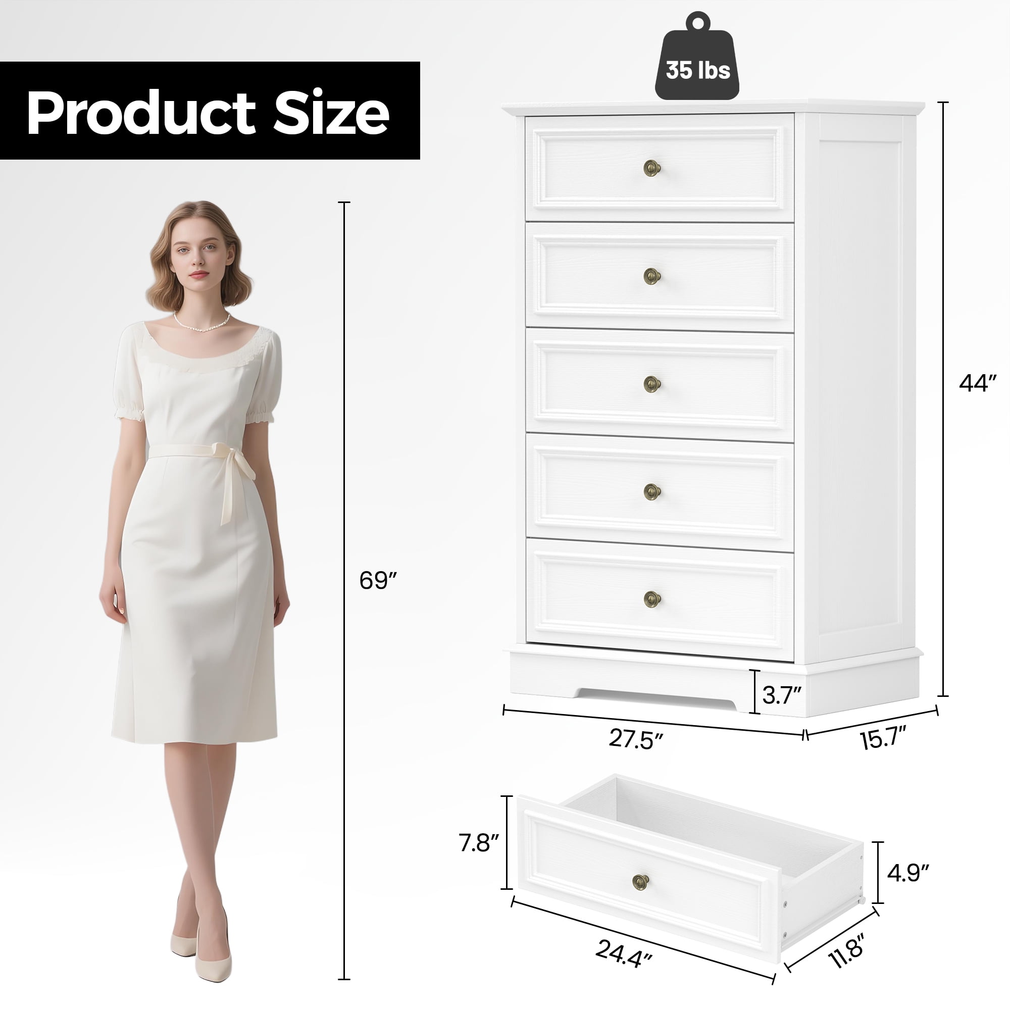 5 Drawer Dresser, Wood Chest of Drawers for Bedroom, Retro Storage Cabinet Dresser Organizer Unit with Antique Bronze Round Handles for Living Room, Closet, Hallway, Entryway