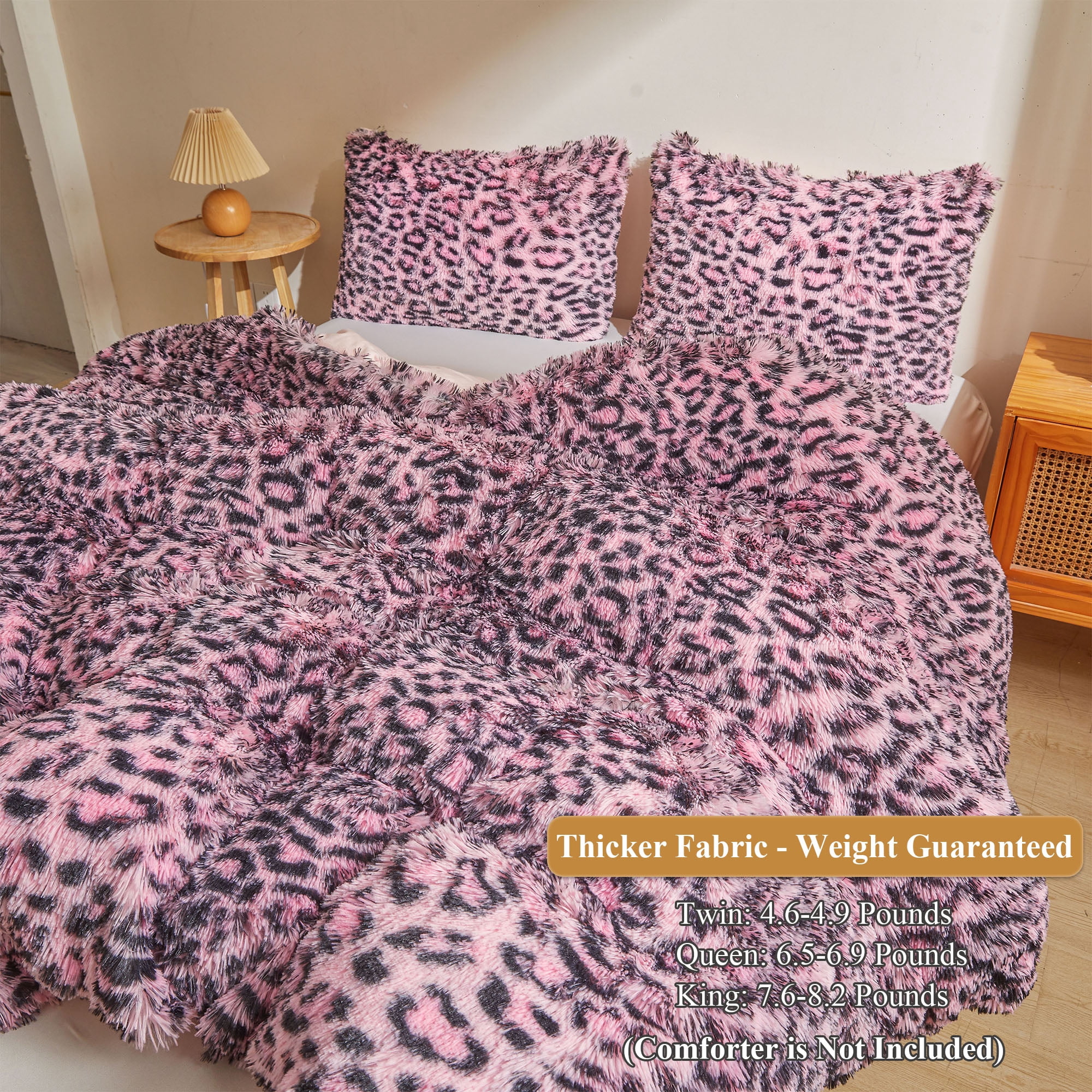 XeGe Cheetah Print Fluffy Faux Fur Duvet Cover Set, 3 Pieces Soft Plush Fuzzy Bedding Set(1 Faux Fur Leopard Print Comforter Cover + 2 Furry Pillow Cases), Zipper Closure(King, Black and Pink)